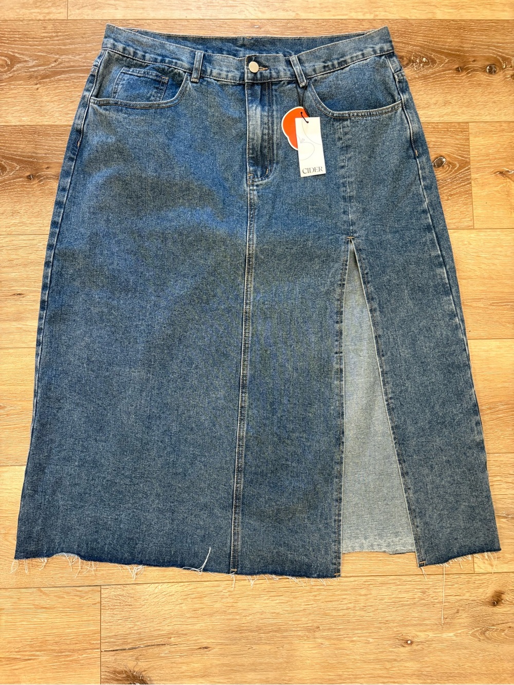 Cider Denim Midi Skirt High Split Raw Hem Medium Wash Pockets Size 0XL